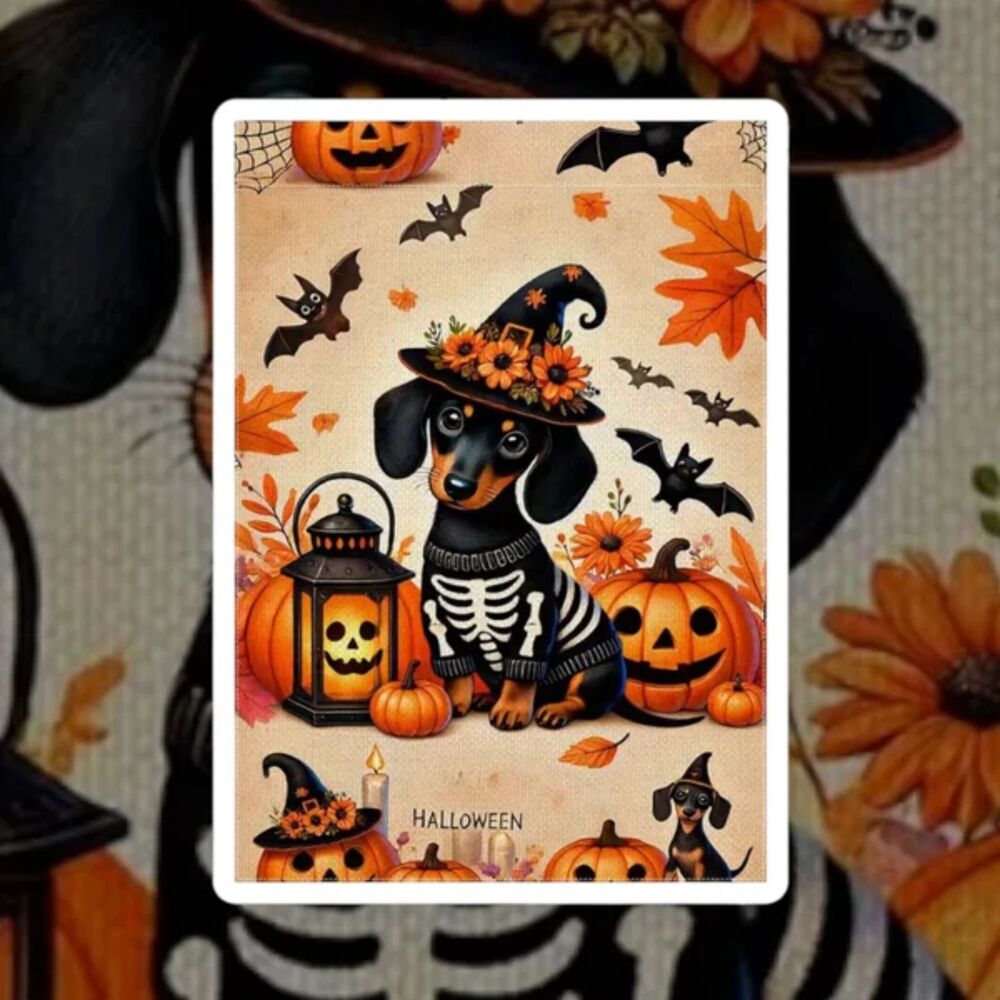 Halloween Dachshund Garden Flag – 12x8 – Skeleton Costume with Pumpkins & Bats - Picture 2 of 3